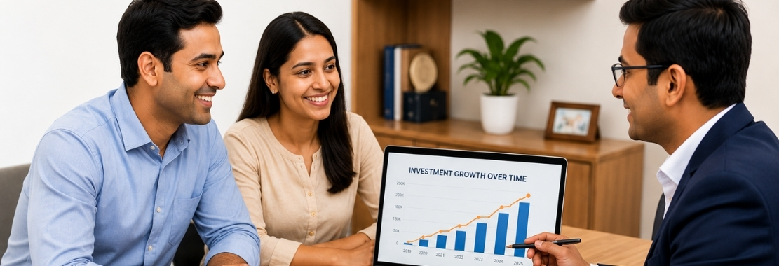 Happy family with financial advisor